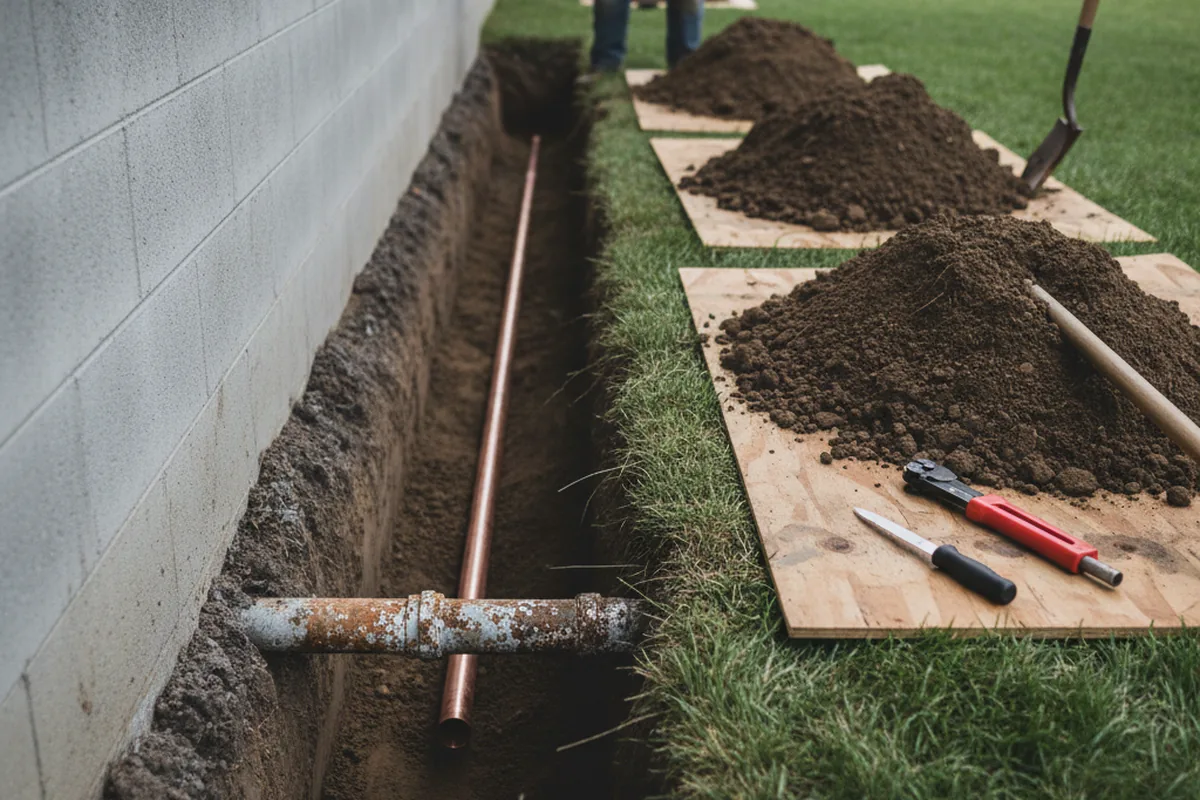 Excavated water line trench during Water Heater Repair in Poynor